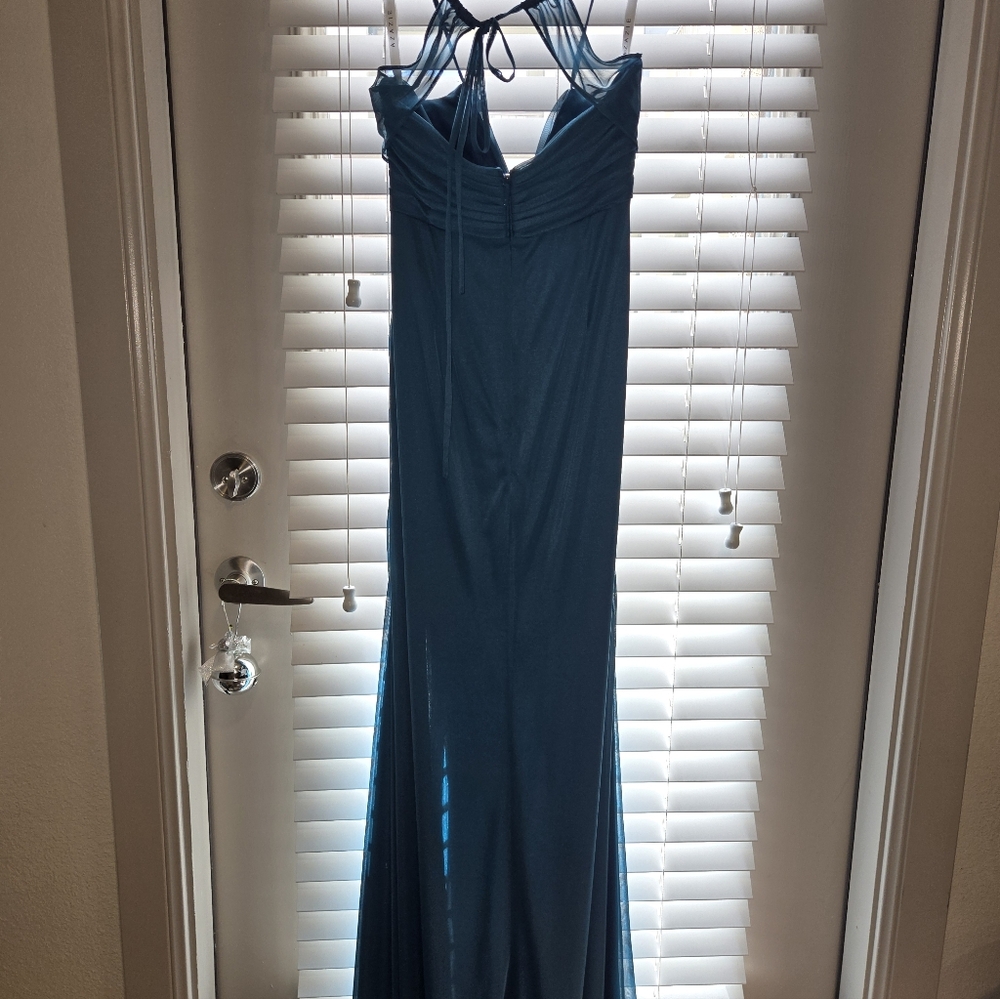 Azazie Teal Prom Rouched Gown Side Slit - Picture 5 of 5